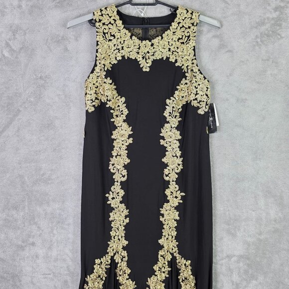 Womens Betsy & Adam Black & Gold Embroidered Evening Gown Polyester Stretch 14W - Picture 3 of 12